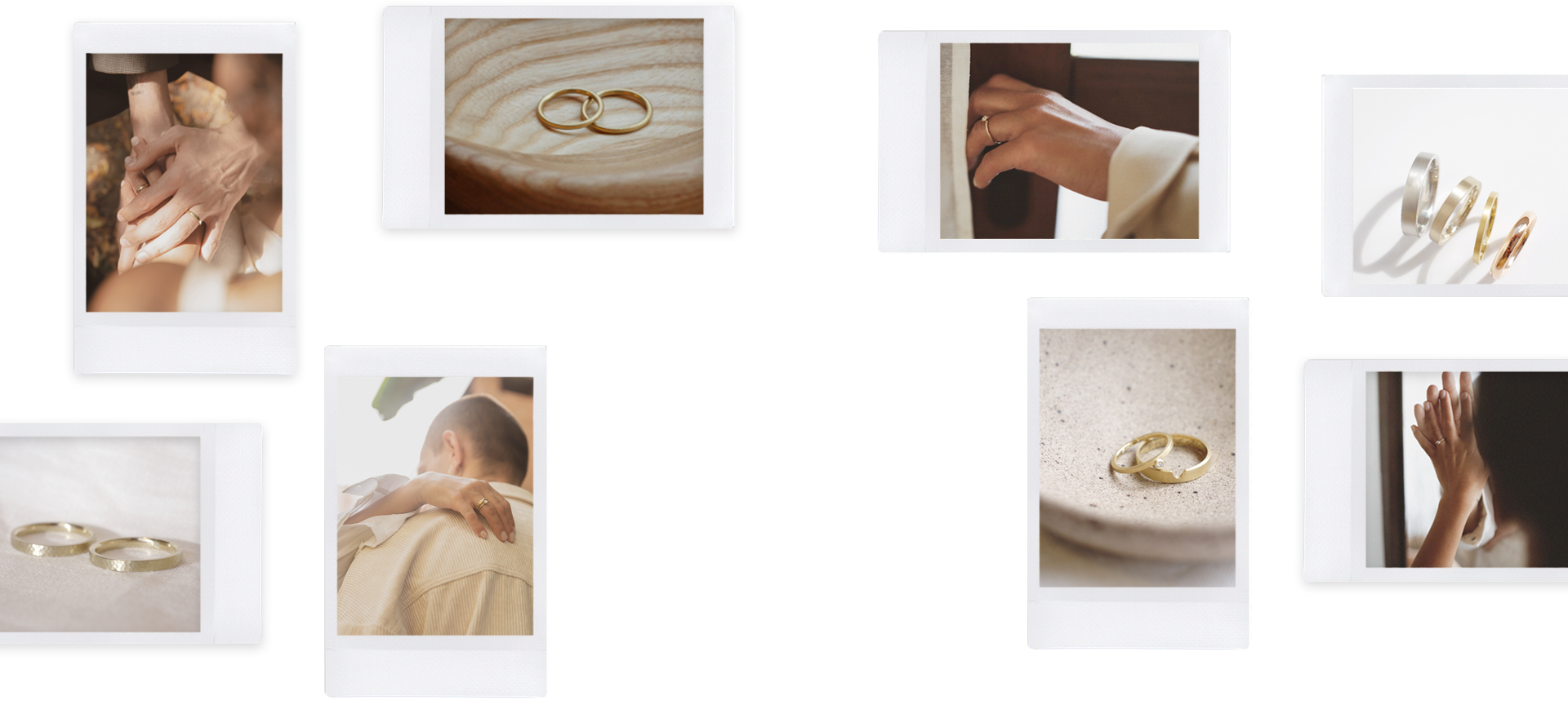fotos polaroid de alianças de casamento feitas à mão em ouro 18k com design minimalisa em diversos modelos e tonalidades e texturas, mãos usando anéis de noivado em ouro 18k com diamantes